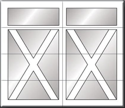 Diagram of a pair of doors with cross patterns and rectangular panels at the top.