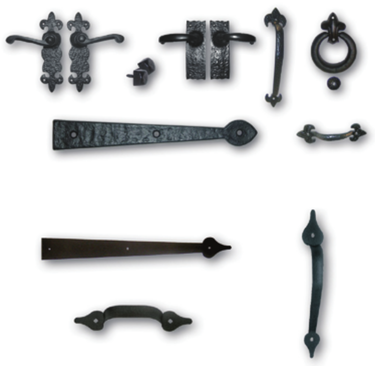 Set of black wrought iron door hardware and decorative handles on a white background.