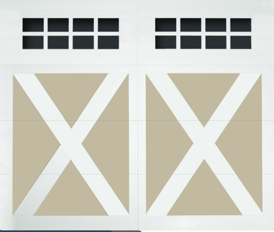 Decorative wall with black square panels and beige panels with white diagonal cross patterns.