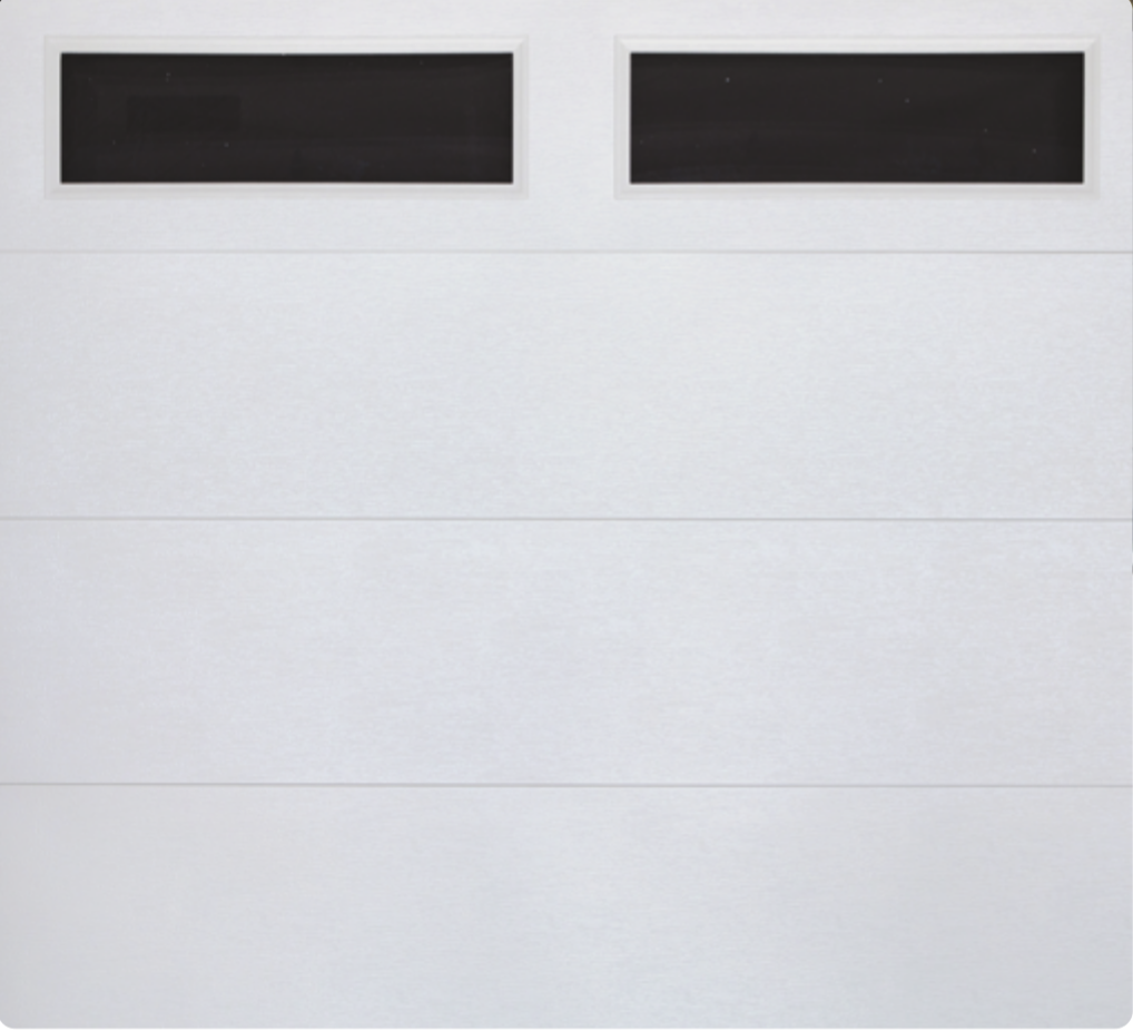 Close-up of a white garage door with two small rectangular windows at the top.