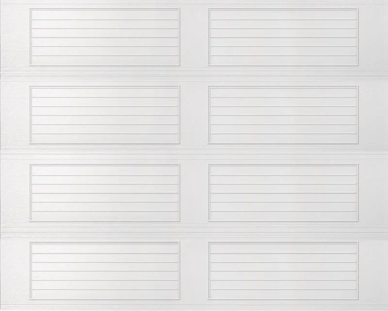 A white garage door with horizontal panels and no windows or visible handles.