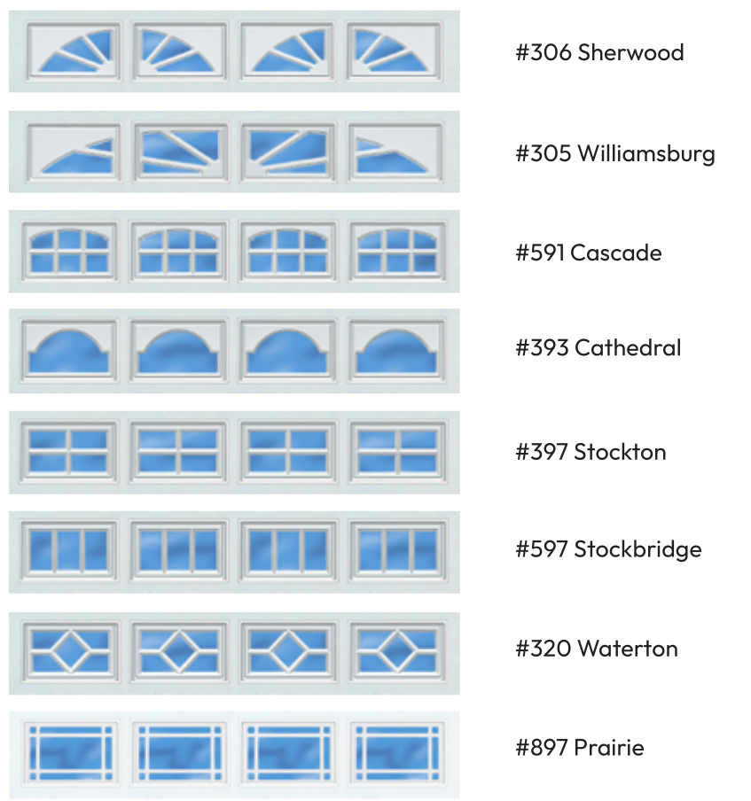 Collection of eight different styles of window designs with sky views, labeled Sherwood, Williamsburg, Cascade, Cathedral, Stockton, Stockbridge, Waterton, and Prairie.