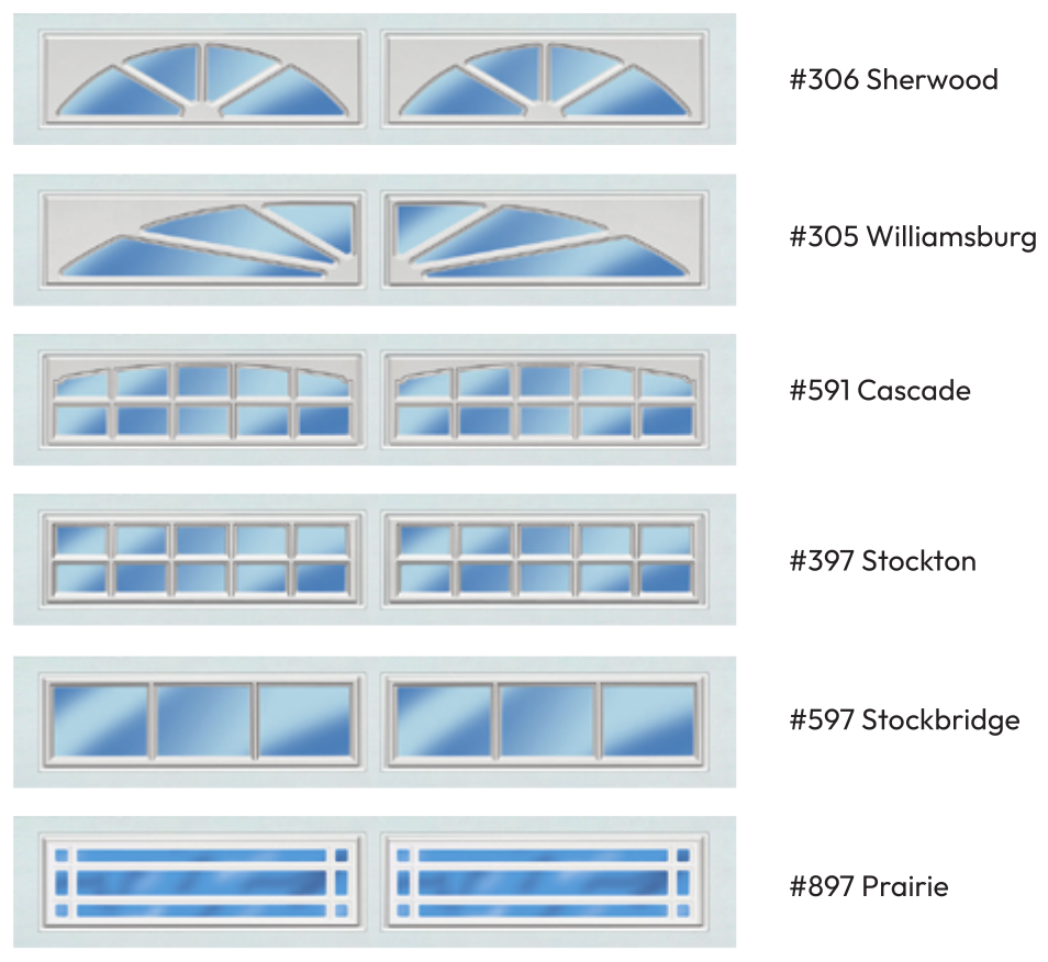 Six different styles of window designs, each labeled with a number and name, including styles with arched, divided panes, and various grid patterns.