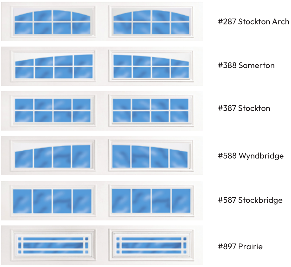 Series of six pairs of window images showing different styles of window arches and shapes with blue sky and clouds visible through the glass, each labeled with names and numbers: Stockton Arch, Somerton, Stockton, Wyndbridge, Stockbridge, and Prairie.