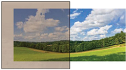 Comparison of two landscape images showing a grassy field and trees under a partly cloudy sky, with one side darker and less vibrant.