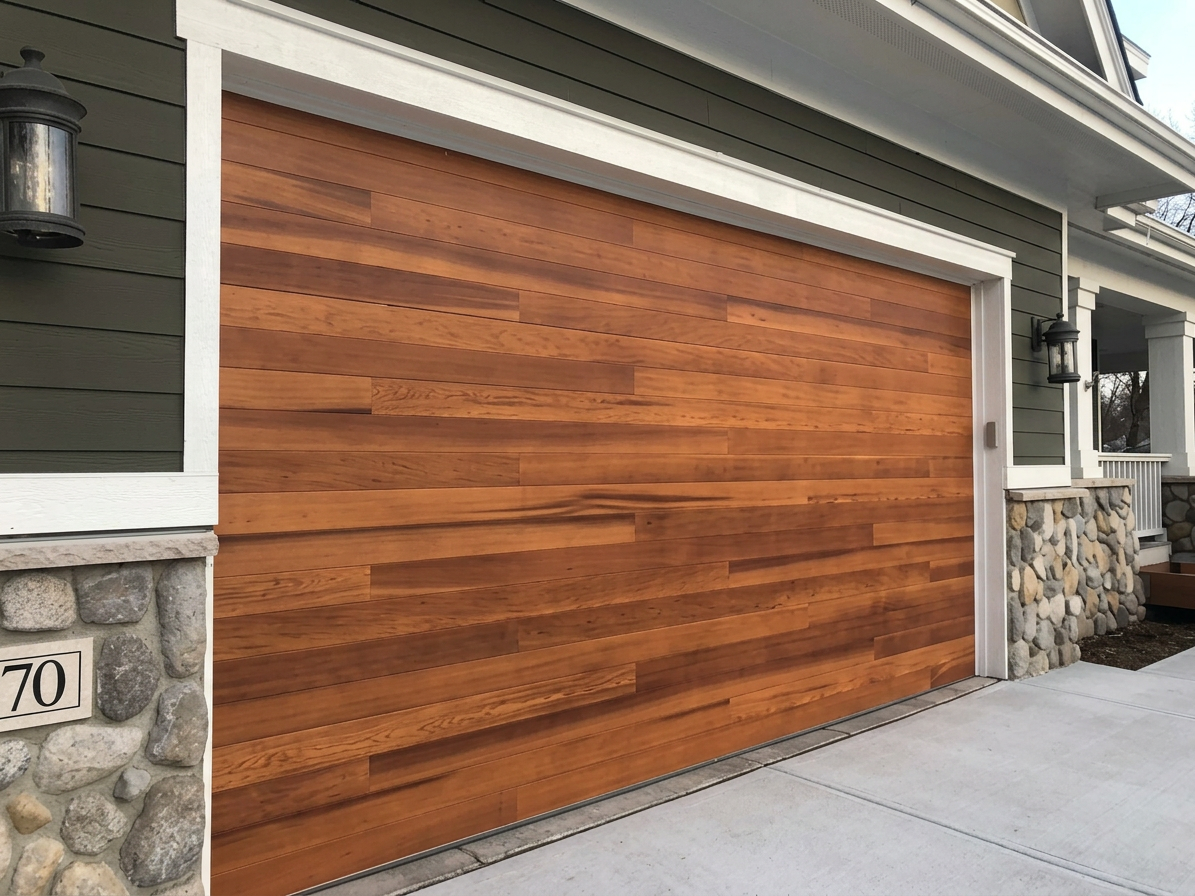 A modern garage door made of horizontal wooden planks with a dark wood finish, surrounded by a white trim. The house exterior features green siding and stone accents, with exterior lights on either side of the garage.