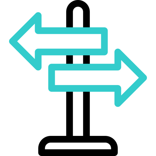Two overlapping arrows pointing in opposite directions, one left and one right, in teal outline style.