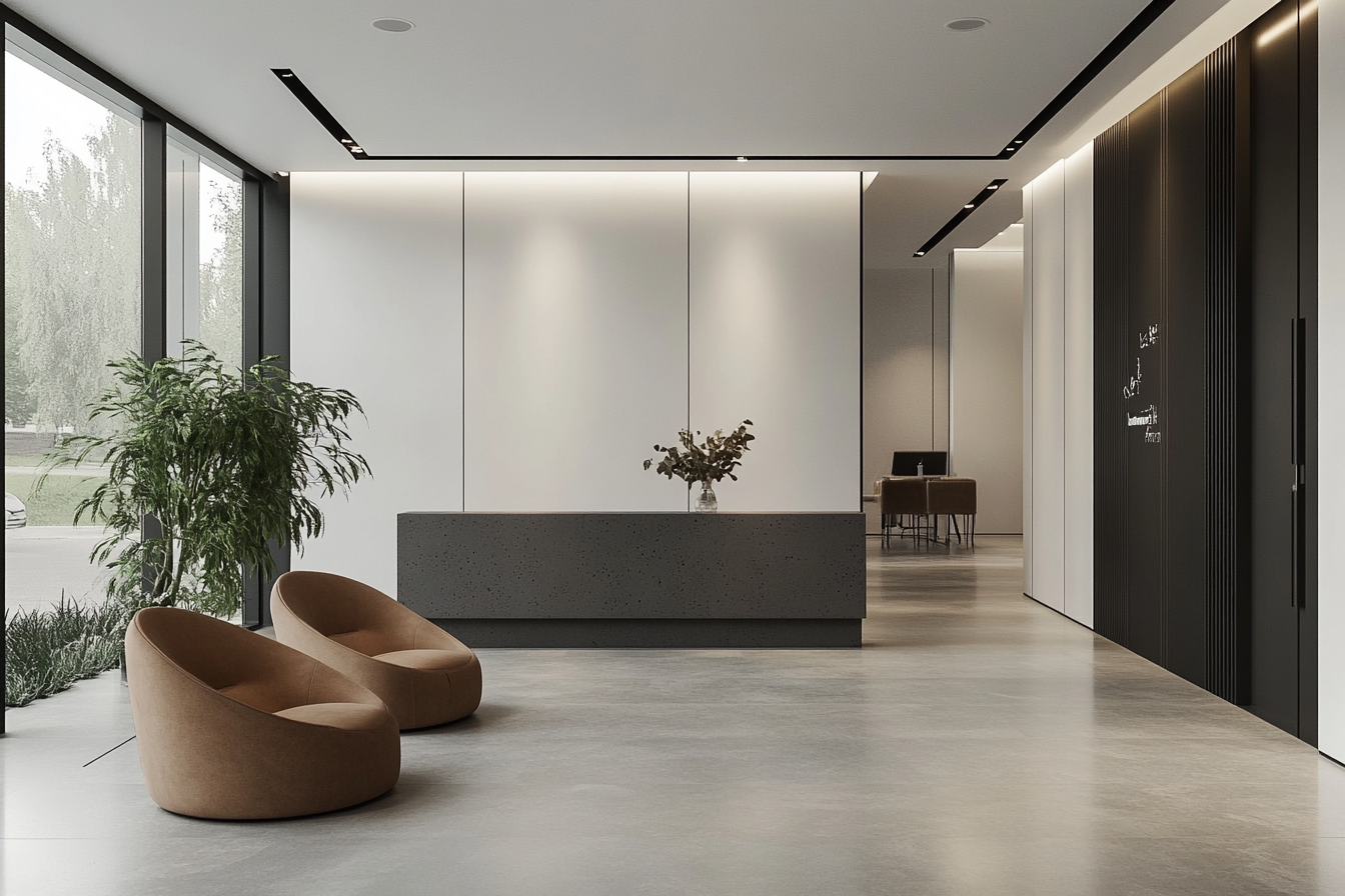 Una representación en 3D del vestíbulo de una oficina moderna y minimalista con dos sillones curvos de color marrón, una gran planta en maceta, un mostrador de recepción de hormigón y un pequeño jarrón con flores. El espacio cuenta con grandes ventanales y paredes en blanco y negro.