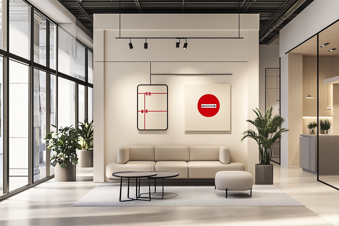 Un vestíbulo moderno con un sofá beige, una pequeña otomana, dos mesitas de café negras encajables, plantas de interior y obras de arte en las paredes blancas, iluminadas por una rampa de luces negras.