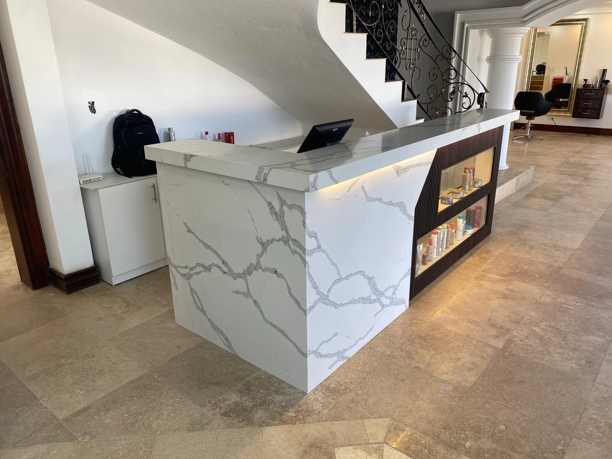 Hair salon reception desk design and construction project (other salon areas out of scope)