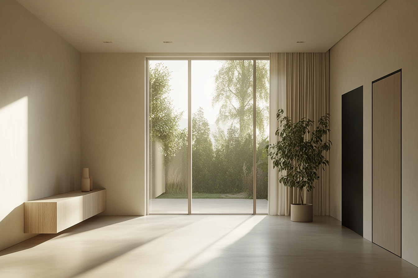 Salón moderno y diáfano con un gran ventanal por el que entra la luz del sol, una planta en maceta y una decoración minimalista.