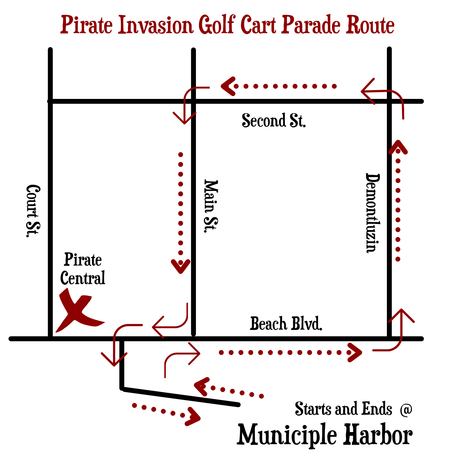 Map of a route for a pirate invasion golf cart parade at Municiple Harbor, with streets labeled and dotted red arrows indicating the parade's direction.