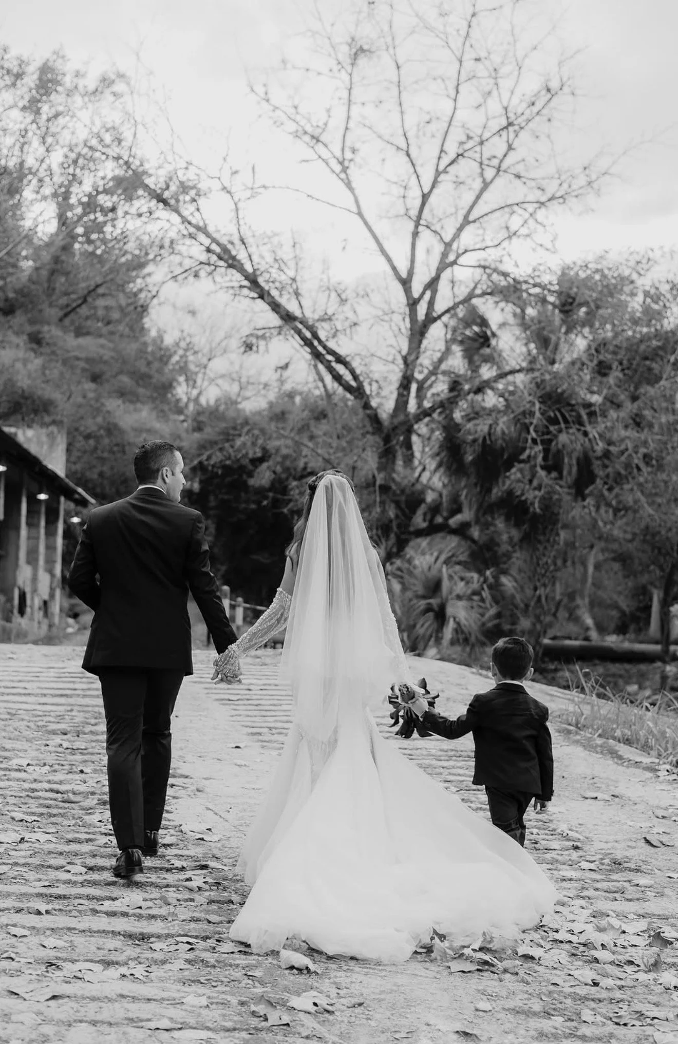 A wedding scene in black and white showing a bride, groom, and a young boy walking outdoors. The bride is wearing a long dress with a veil, the groom is in a suit, and the boy is dressed in formal attire. The group is walking away from the camera along a path with trees and foliage in the background.