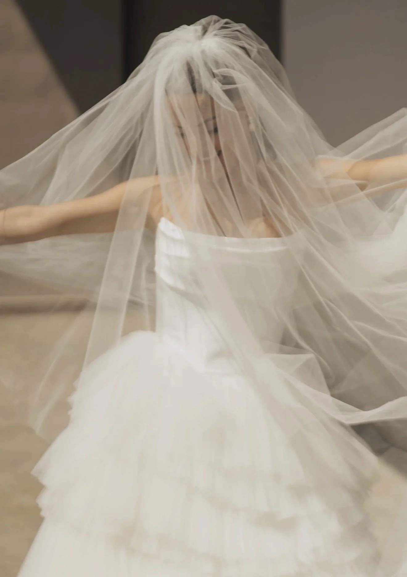Person wearing a wedding dress and veil, with arms outstretched, head bowed, behind transparent fabric.