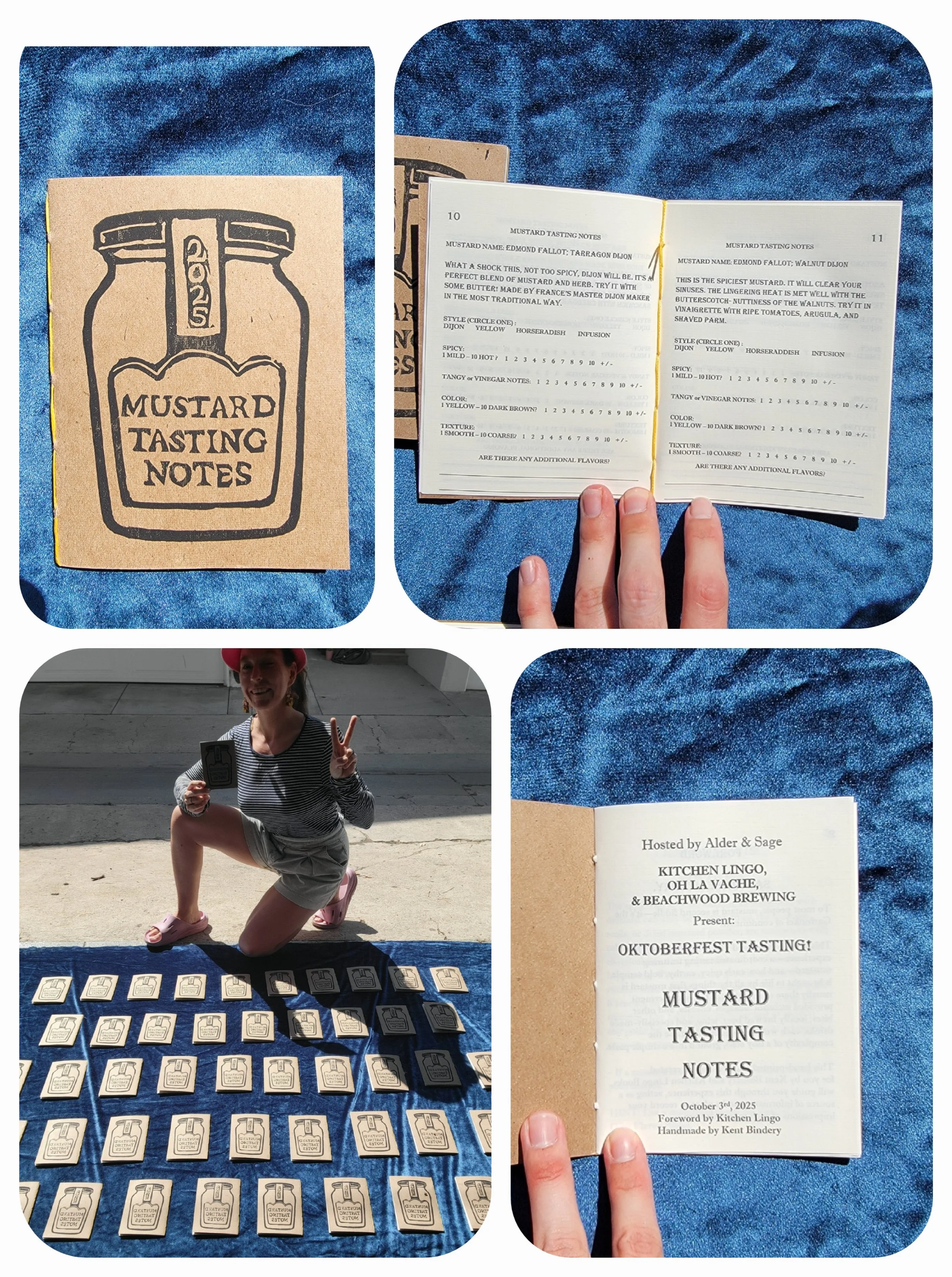 Mustard Tasting Notebooks for Alder & Sage Private Dining Event. Hand printed with custom linocut, formatted with custom textblock, and handsewn in mustard yellow thread