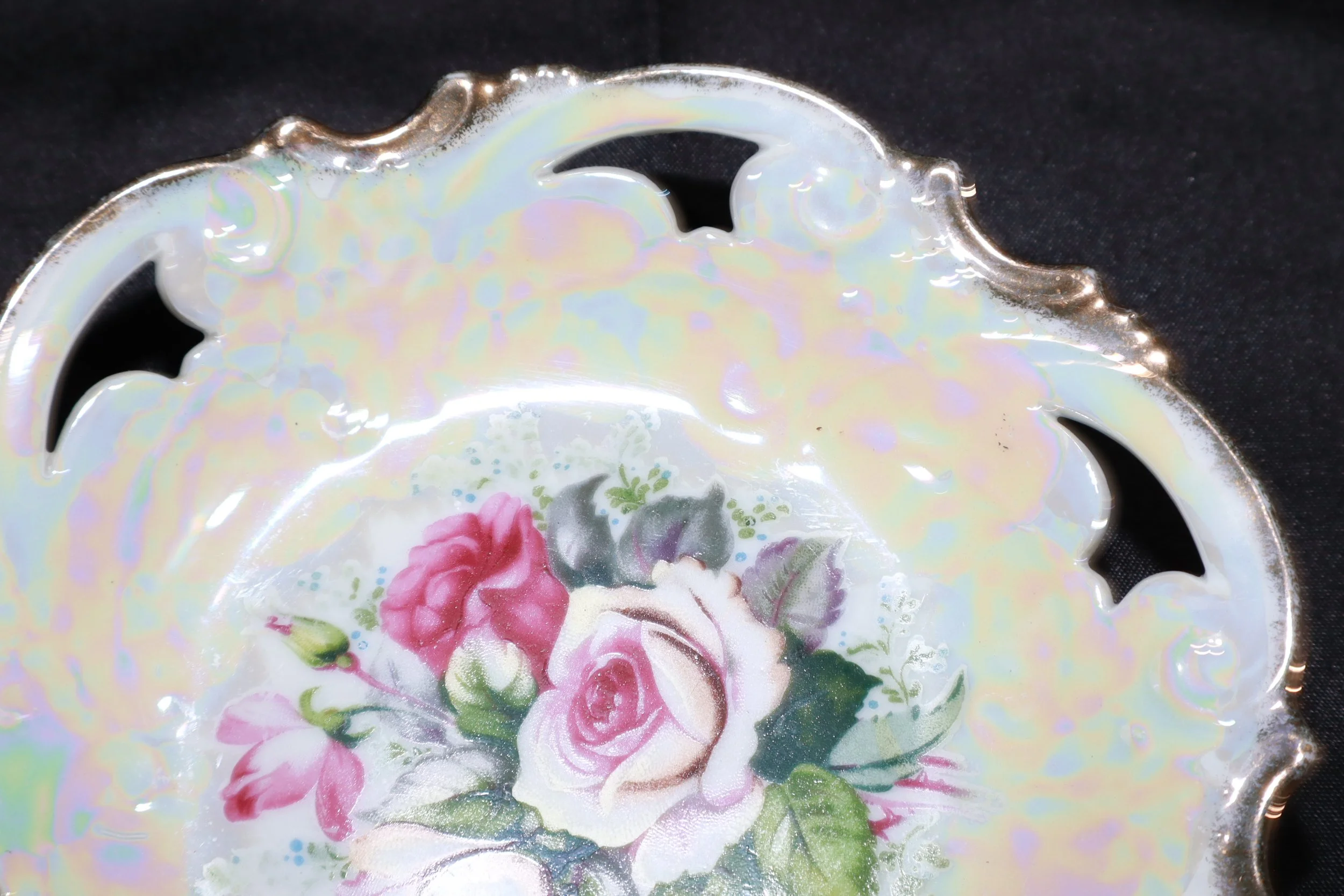 Vintage reticulated white floral porcelain plate with gold trim