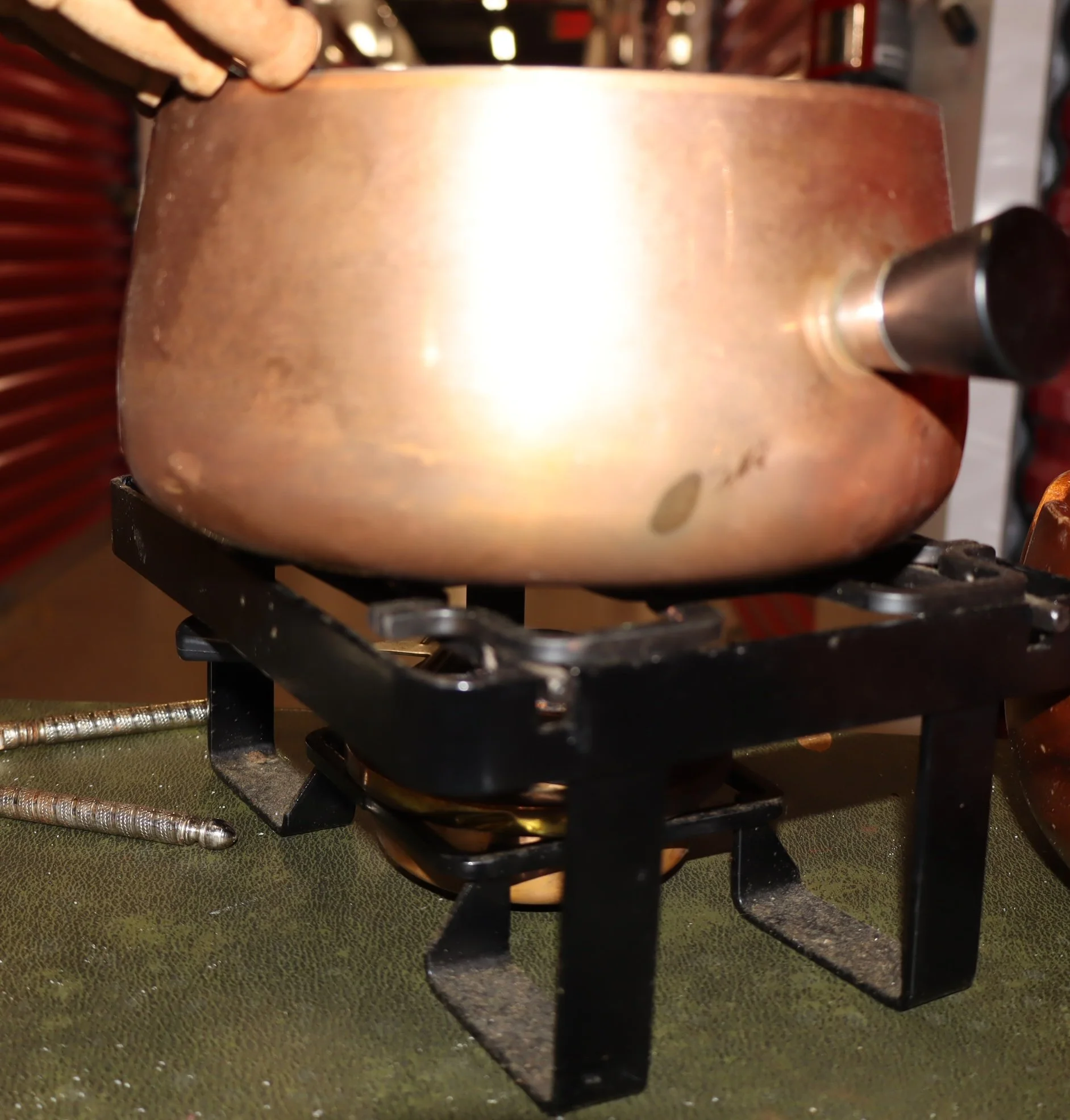 vintage Swiss-made copper fondue set