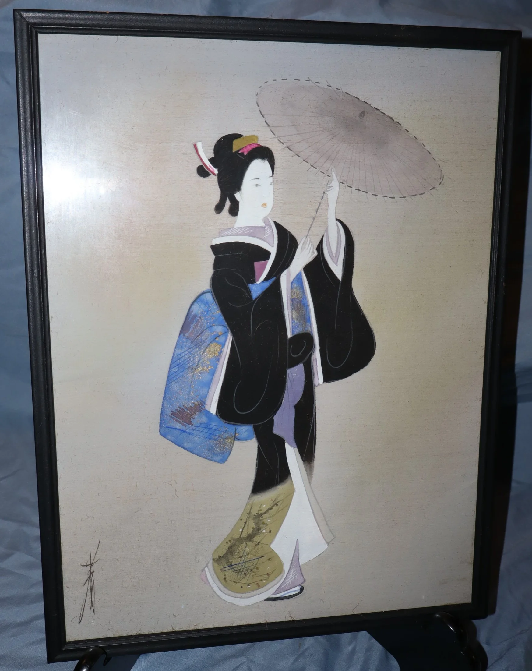 mid century Japanese silk painting set