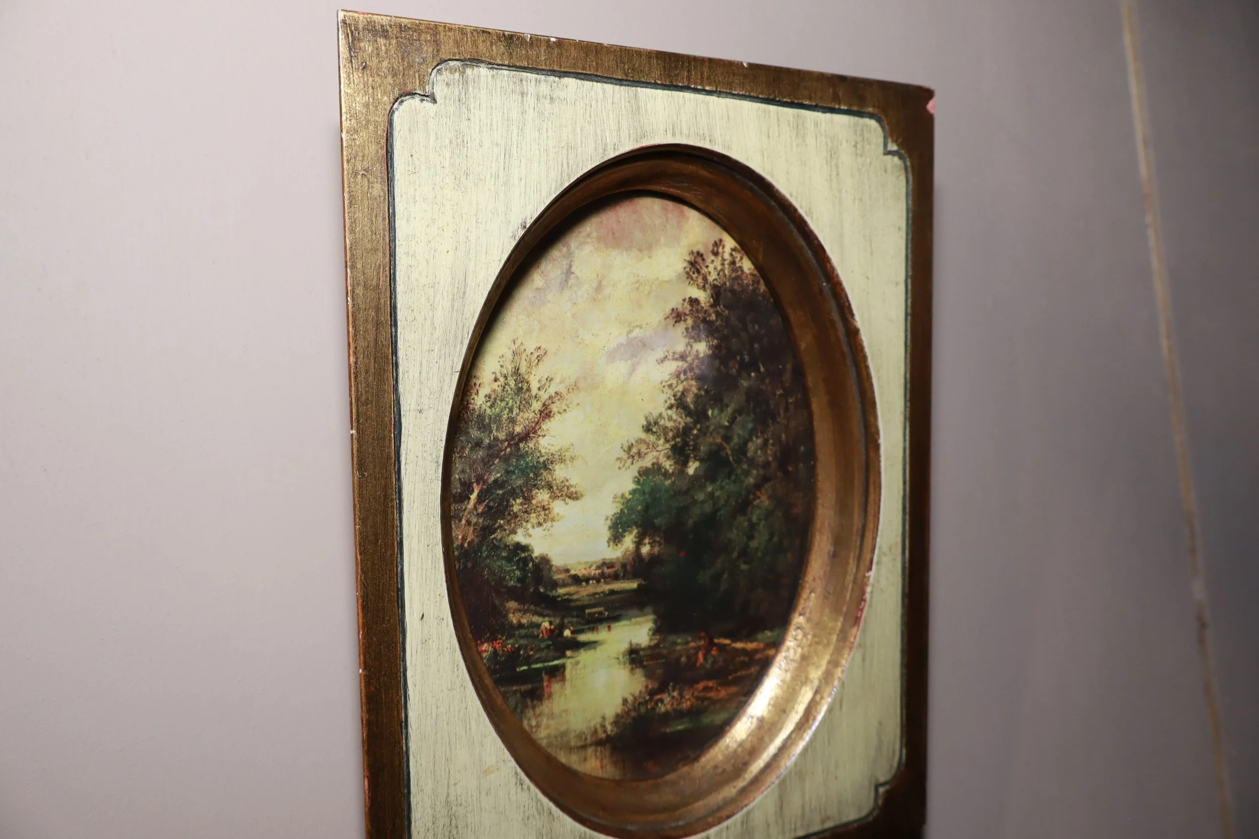 Ornate wood oval viewer landscape framed artwork