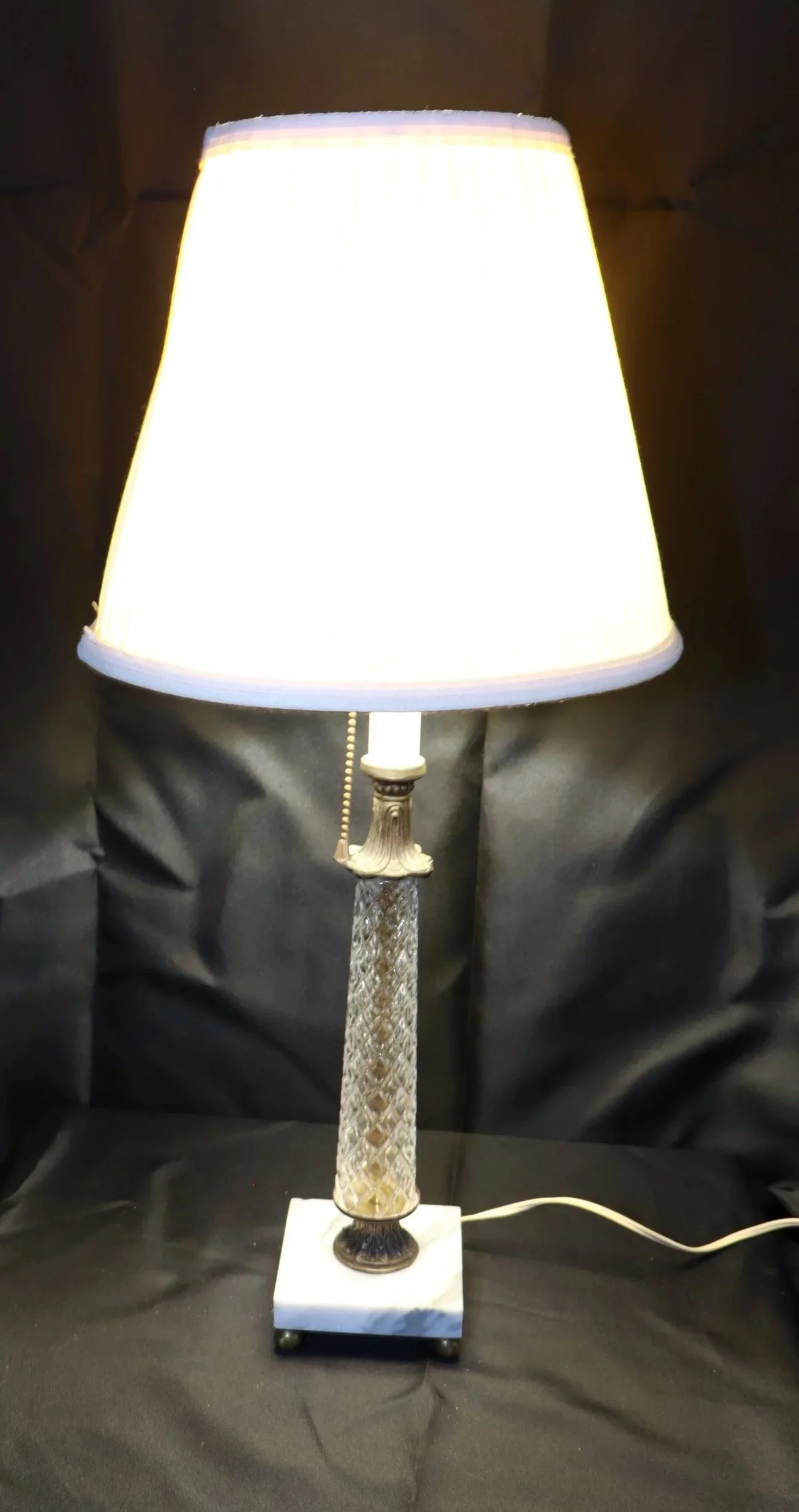 Vintage clear cut glass lamp w/marble and bronze/brass base