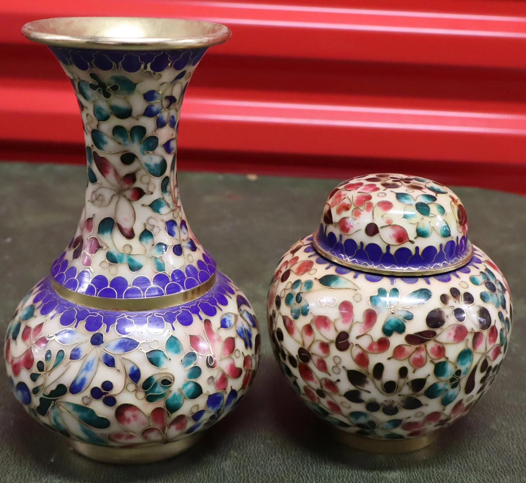 vintage cloisonné vase and jar set