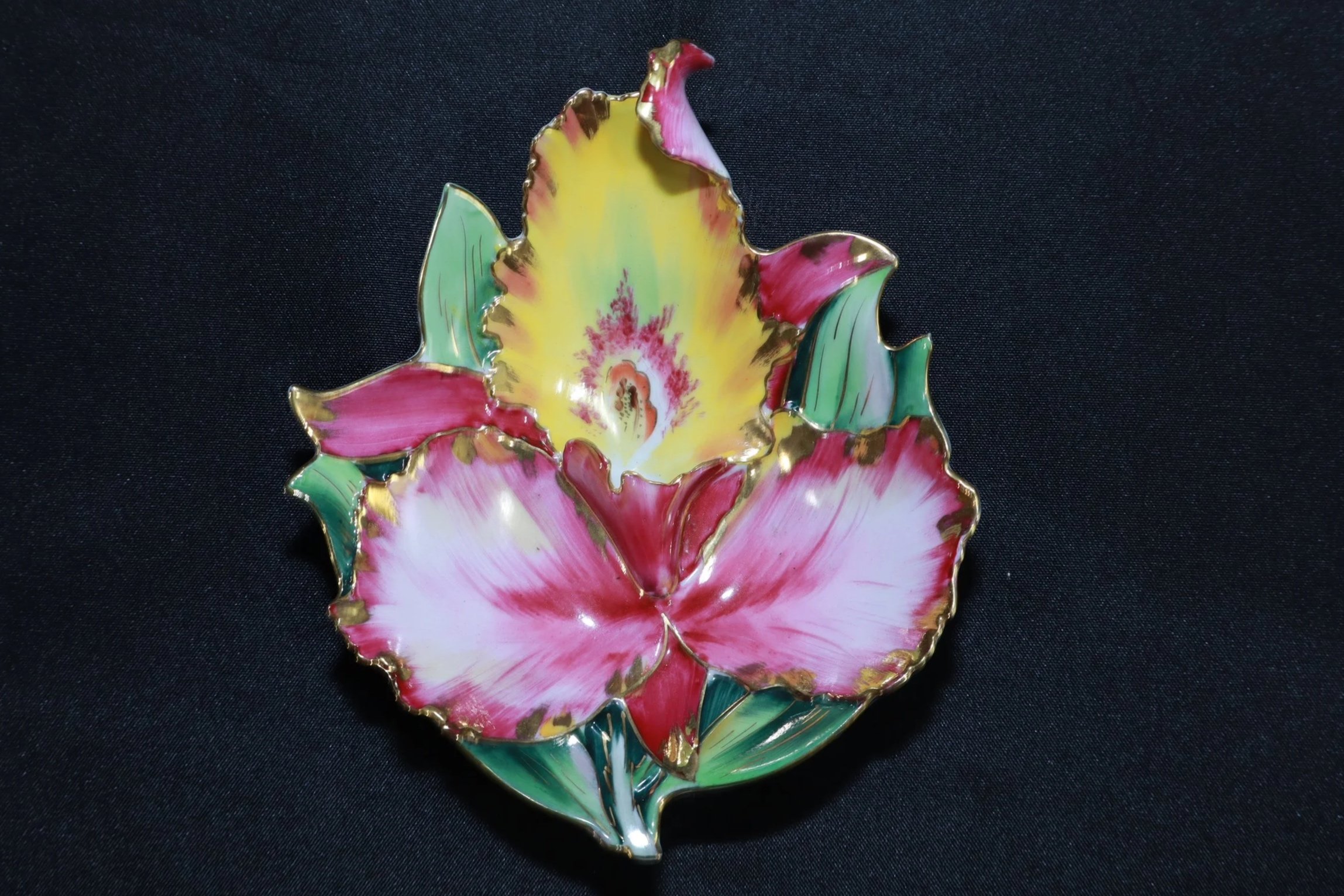 Vintge Lefton hand painted porcelian Orchid  trinket dish