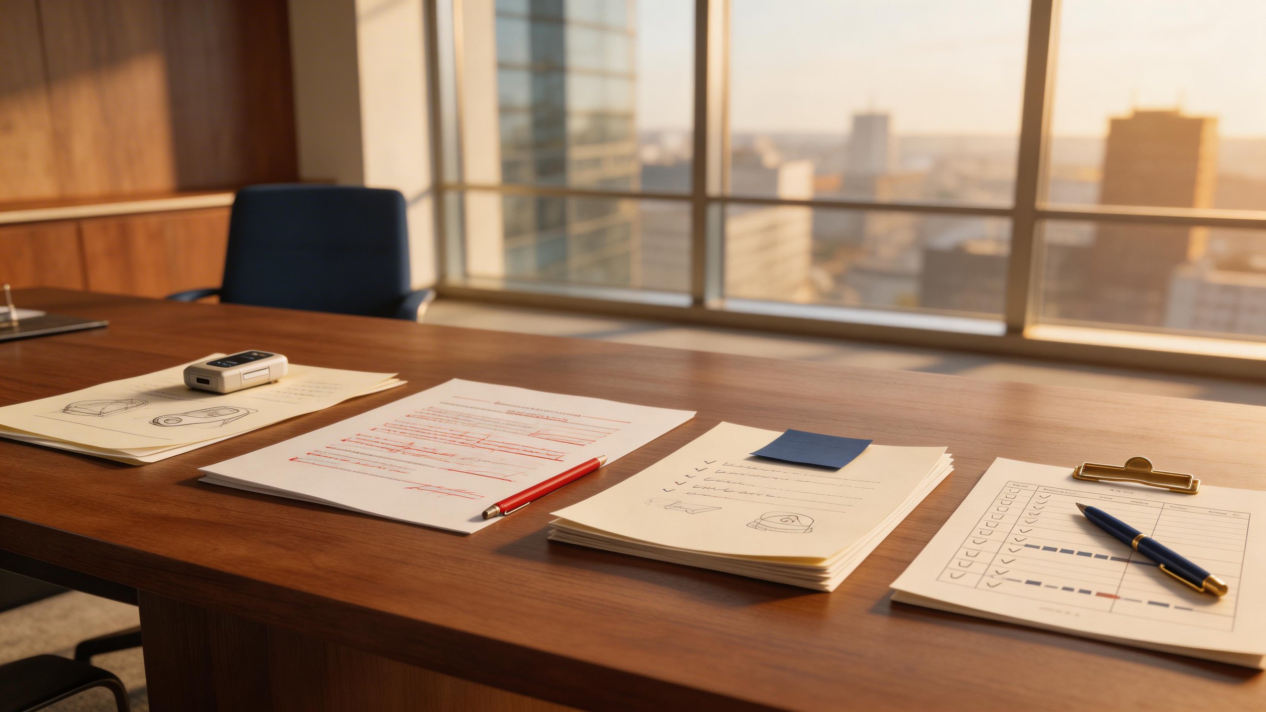 Conference table with intake documents, sketches, checklist, and marked-up papers in a sunlit office.