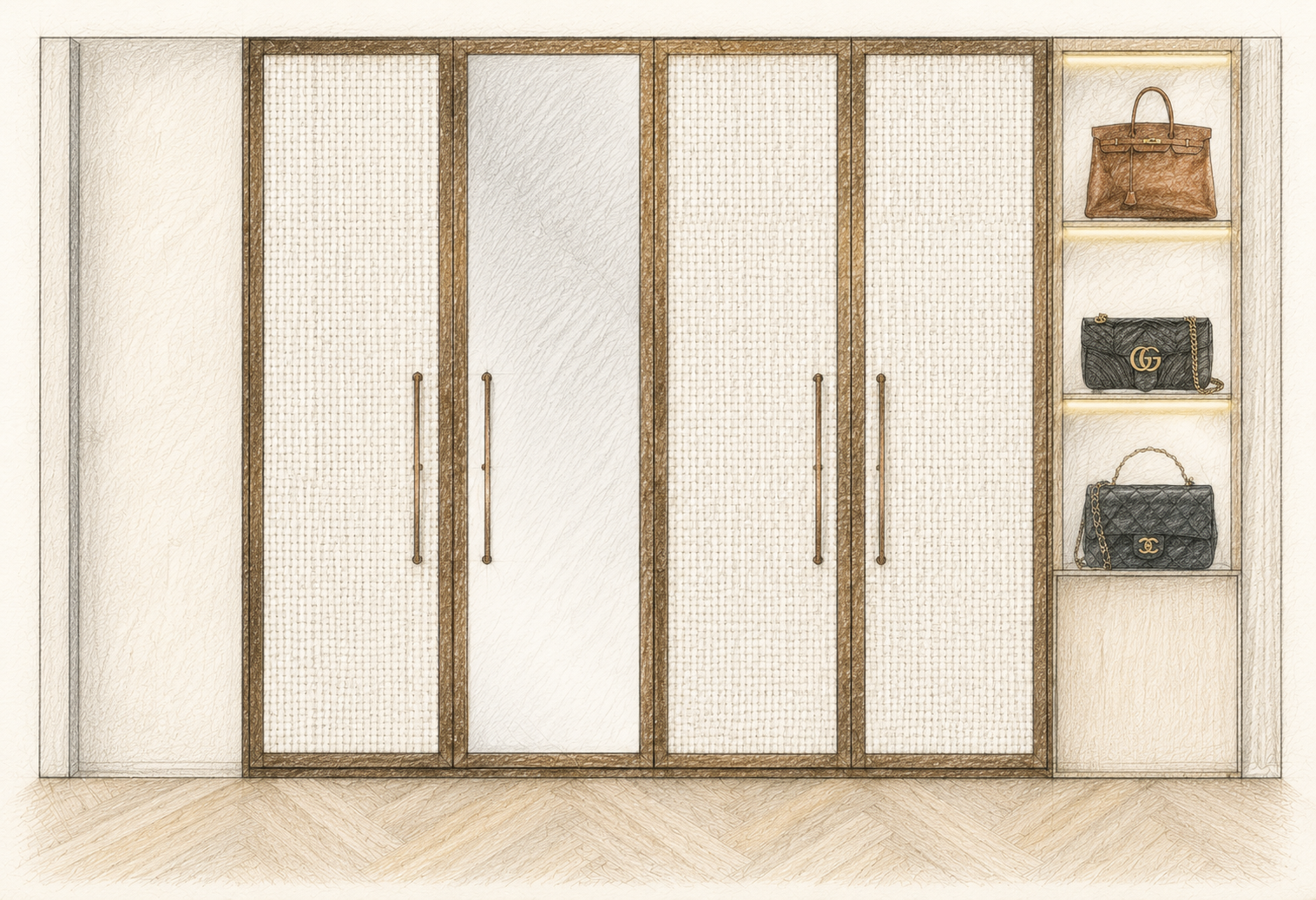 A built-in wardrobe with four doors, three with mirrored panels and brown handles, and four open shelves on the right displaying handbags, including brands like Gucci and Chanel, against a beige wall.