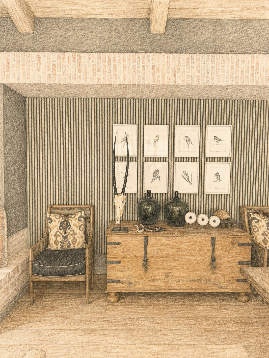 A rustic room with a wooden chest, framed bird sketches on striped wall, decorative vases, animal skull with horns, and chairs with patterned cushions.