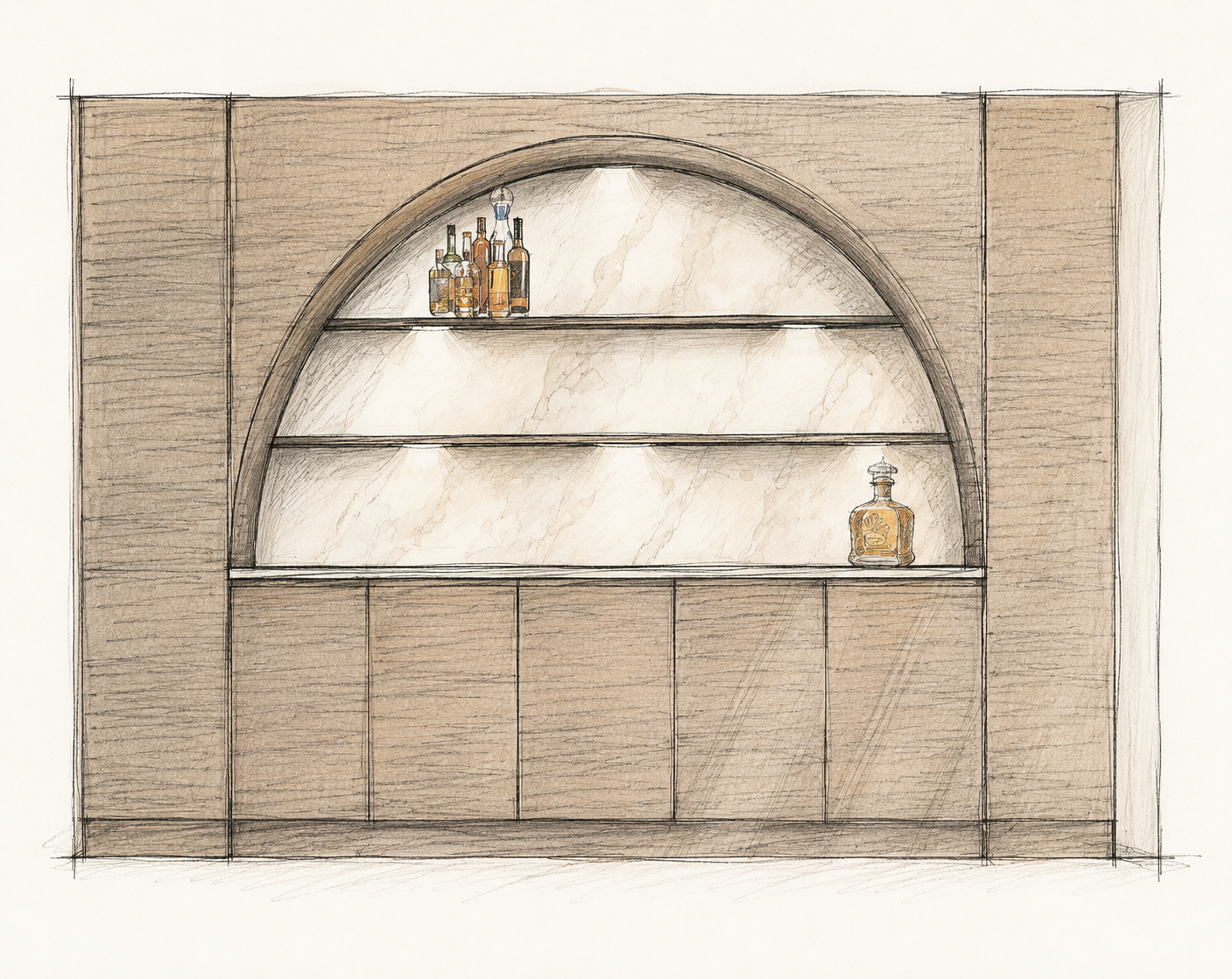 A sketch of a built-in wooden bar cabinet with an arched design, stained in a light to medium wood finish, featuring three open shelves and closed cabinets at the bottom. The top shelf holds bottles of alcohol, and the middle shelf is empty. An ornate decanter is placed on the bottom right shelf.