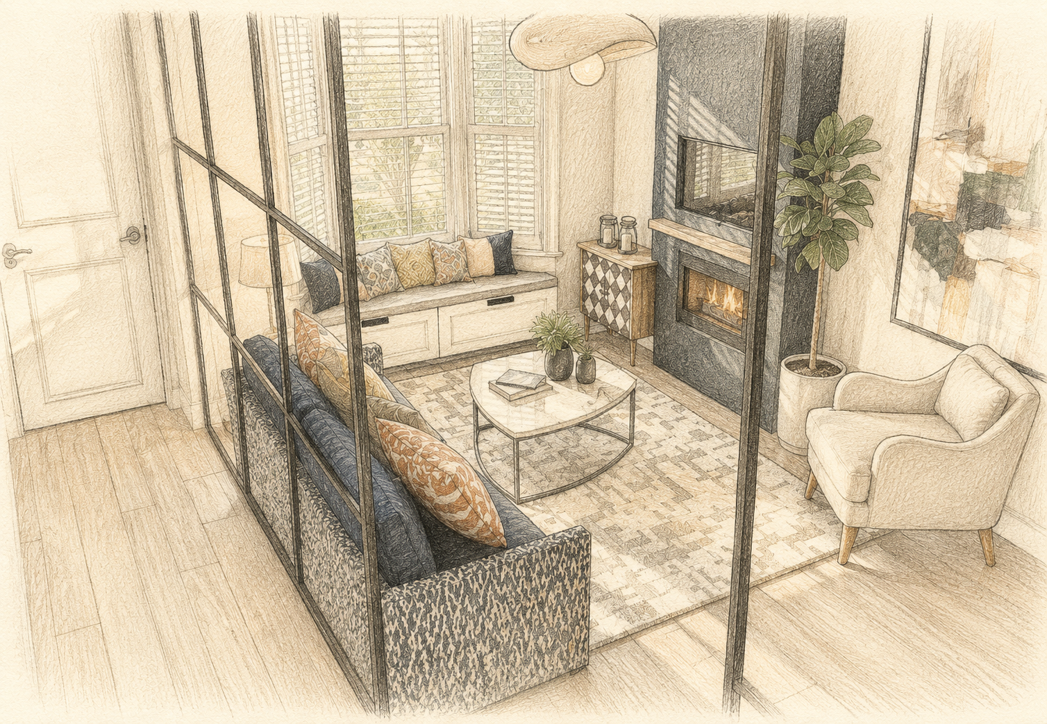 Cozy living room with a navy patterned sofa, accented by orange and patterned pillows, a white armchair, and a marble-top coffee table with potted plants. There is a fireplace with a fire, a window seat with pillows, and a tall plant in a pot. A large abstract painting hangs on the wall.
