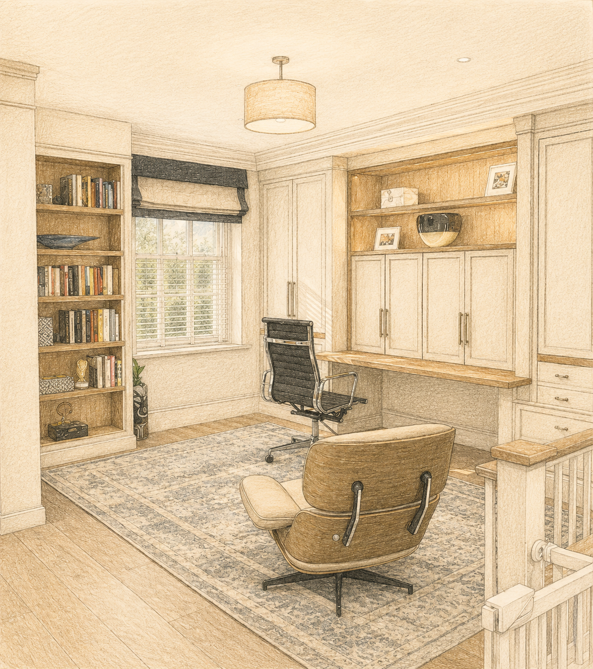 A home office with a window, bookshelves, a desk with an office chair, a beige armchair, a patterned rug, and built-in cabinets with decorative items.