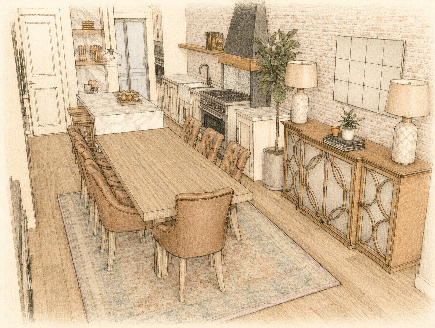 A cozy dining room with a large wooden table surrounded by eight upholstered chairs, a sideboard with decorative lamps, and a kitchen area with open shelves, a stove, and a marble kitchen island.