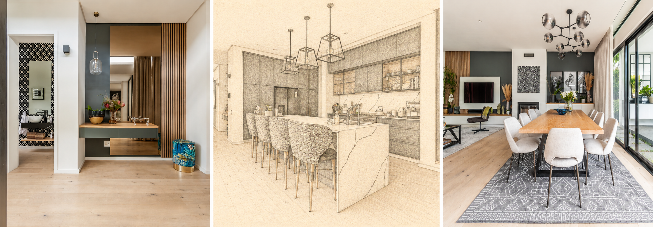 Collage of three interior spaces: left shows a modern entryway with a mirror, small table with flowers, and a blue patterned upholstered stool; middle is a detailed sketch of a kitchen with a marble island and hanging pendant lights; right shows a dining room with a large wooden table, white upholstered chairs, and sliding glass doors leading outside.