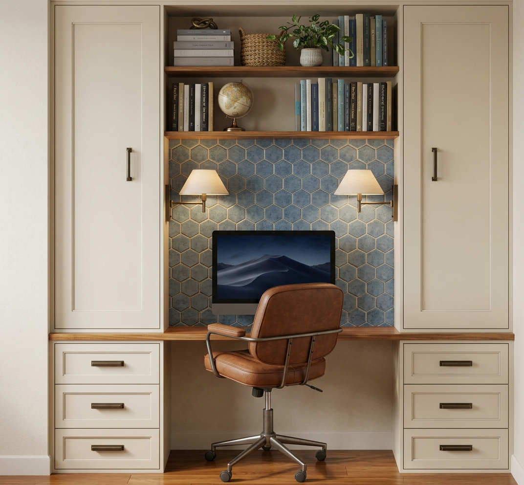 Built-in home office desk with white cabinets, wooden shelves, blue honeycomb tile backsplash, two wall-mounted lamps, a monitor, a brown leather swivel chair, and decorative items like books, a globe, and plants.