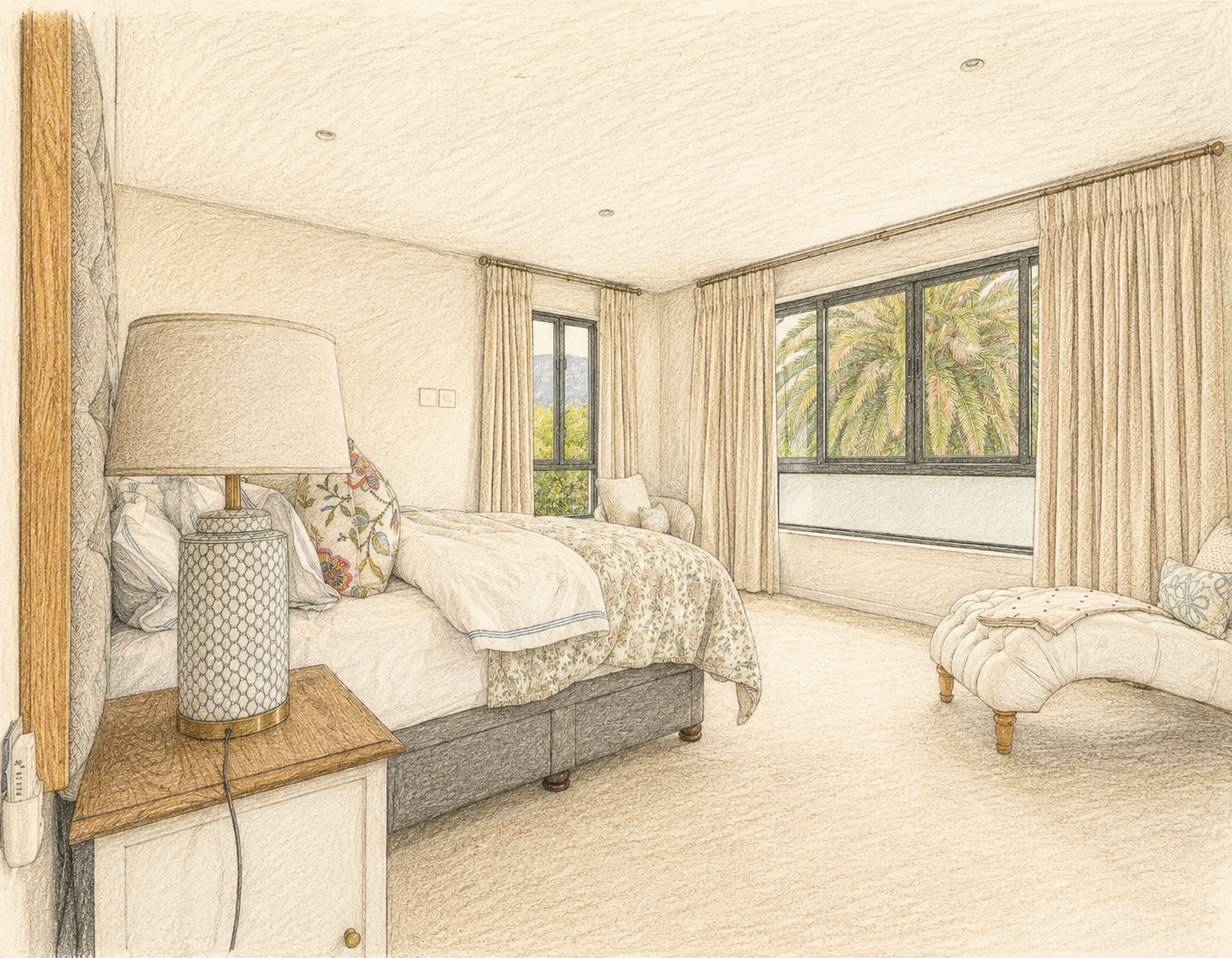 A bedroom with a bed, a nightstand with a patterned lamp, a chair by the window, and a chaise lounge. Large windows with beige curtains show palm trees and mountains outside.