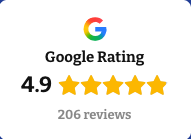 Google Review Badge showing 4.9 out of 5 stars based on 206 reviews.