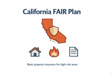 California FAIR Plan logo with icons of a house, fire, and document, representing basic property insurance for high-risk areas.