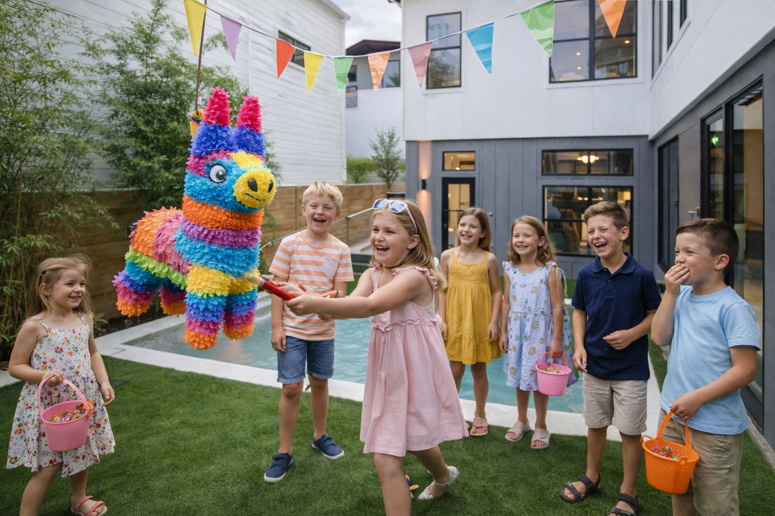 Children at a birthday party playing with a colorful piñata outside near a pool, with a white and gray building and stringed colorful bunting flags overhead.