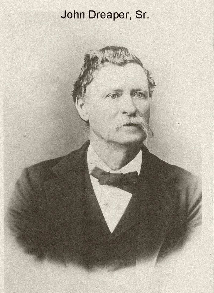 Historical portrait of John Dreaper, Sr., a man with a mustache, wearing a suit and bow tie, from the 19th century.
