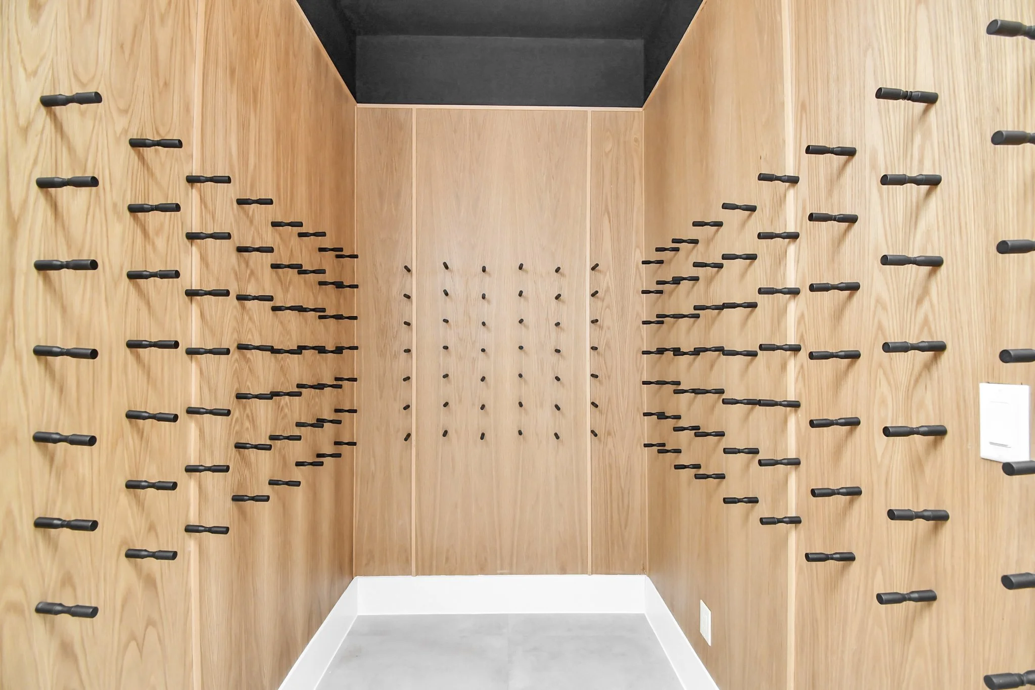 A custom-designed wine gallery featuring sleek wood finishes and minimalist racking—crafted to showcase a curated collection in a refined, modern setting.