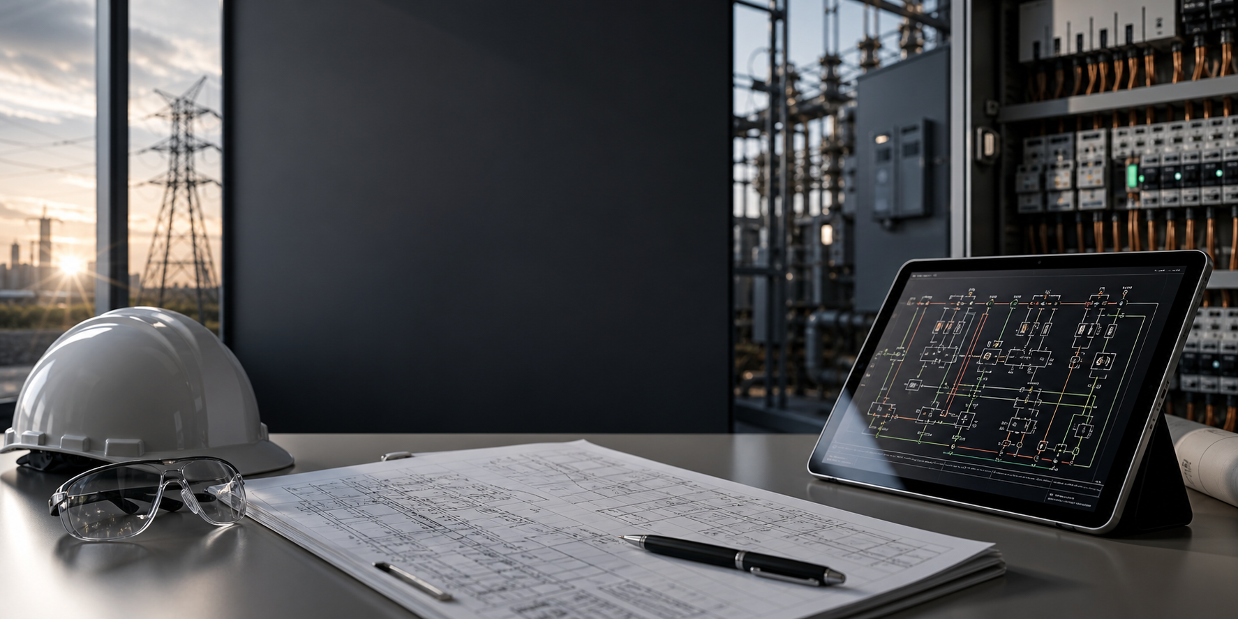 Electrical engineering desk with schematics and power distribution diagrams for consulting support