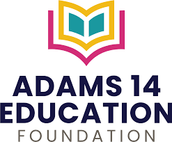 Logo of Adams 14 Education Foundation featuring an open book with colorful pages