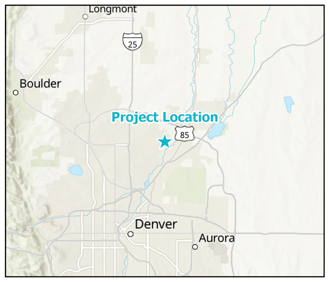 Map of Colorado showing Denver, Boulder, Longmont, Aurora, and nearby highways, with a blue star marking a project location east of Denver.