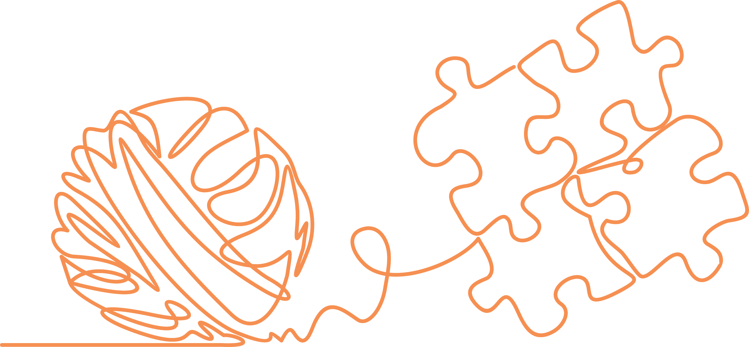 Line drawing of a tangled ball of yarn and a partially completed jigsaw puzzle with several pieces connected into puzzle pieces.