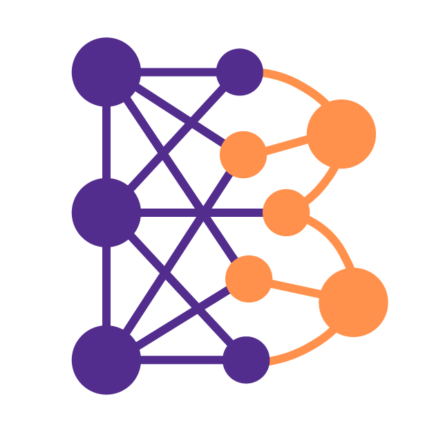 Image of Boss Strategy logo which is a neural network diagram with purple input and hidden layer nodes on the left, and orange output nodes on the right, interconnected with lines.