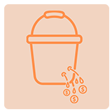Outline of a bucket with a whole in the bottom and coins leaking in front.