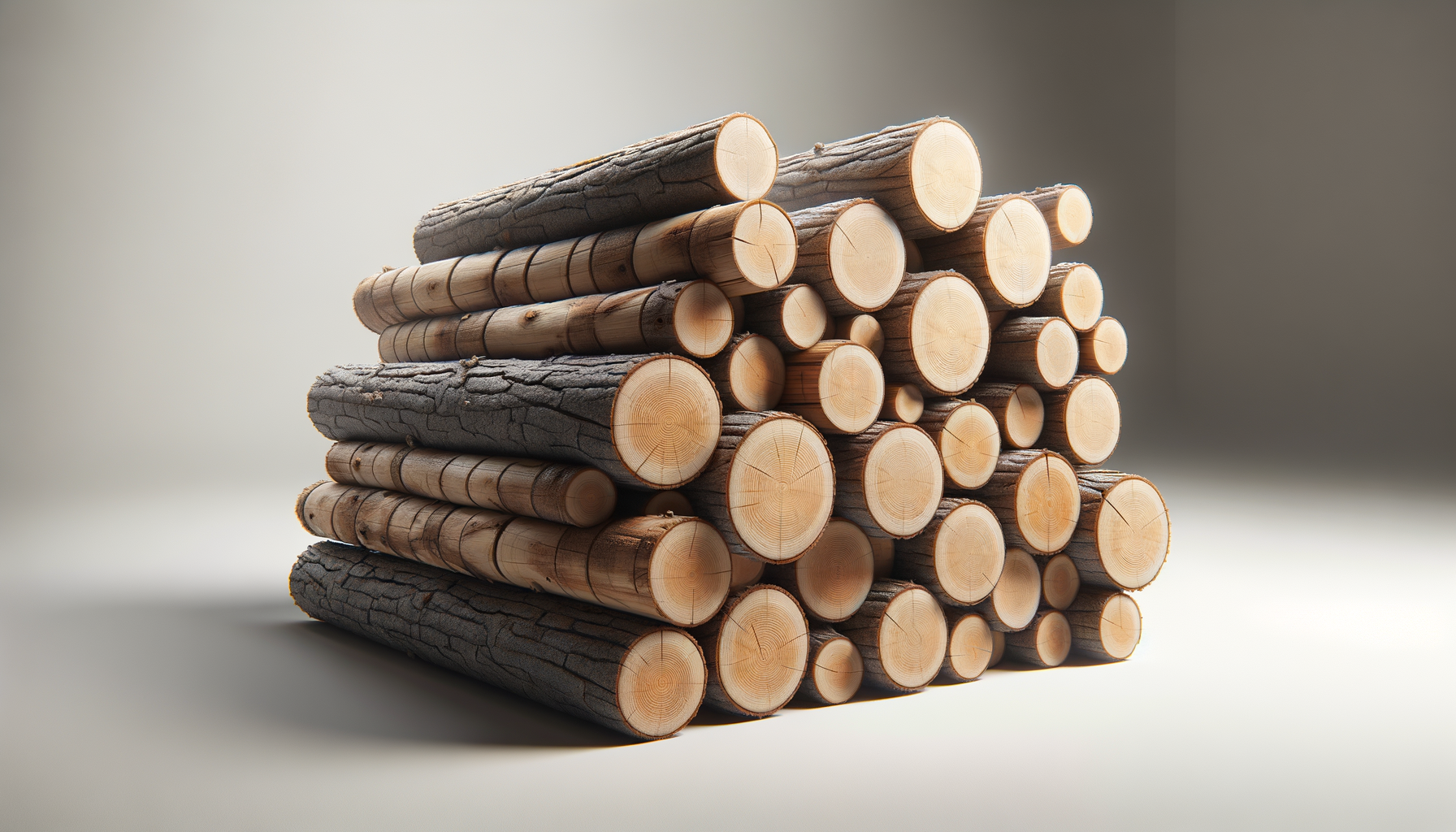 Stack of cut and whole logs with bark, arranged on a neutral background.