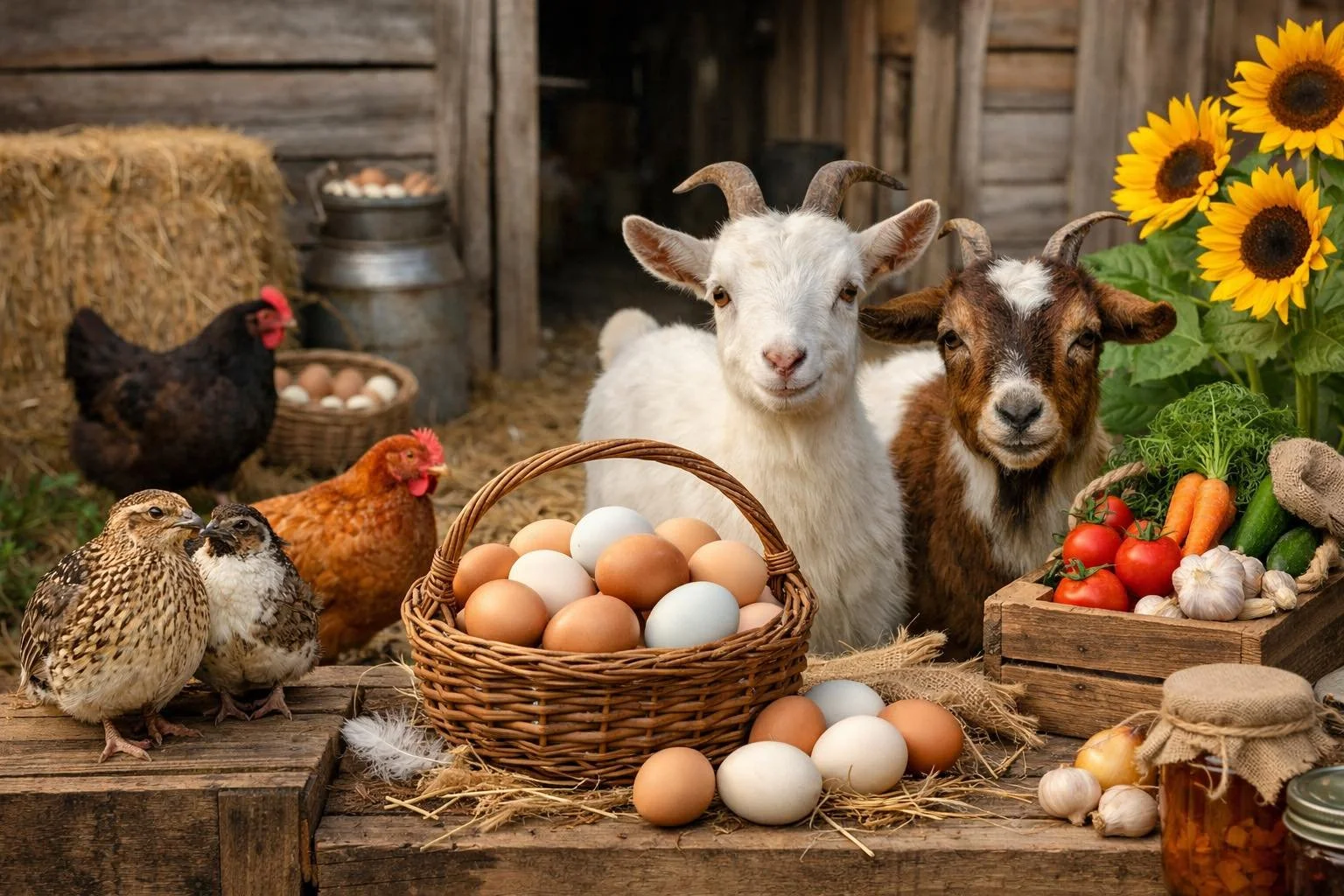 A rustic farm scene with chickens, a goat, and a bunny surrounded by eggs, vegetables, and sunflowers.