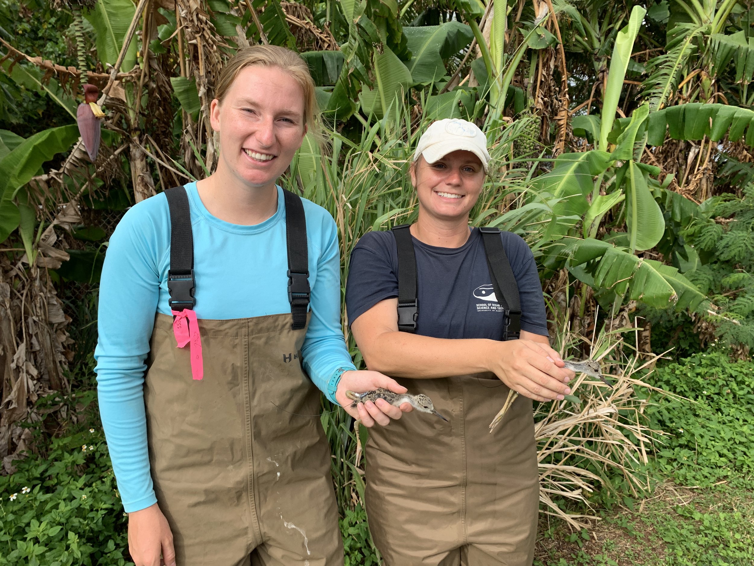 Jess and Kristen standing in front of dense tropical plants, both holding native birds to be tagged.